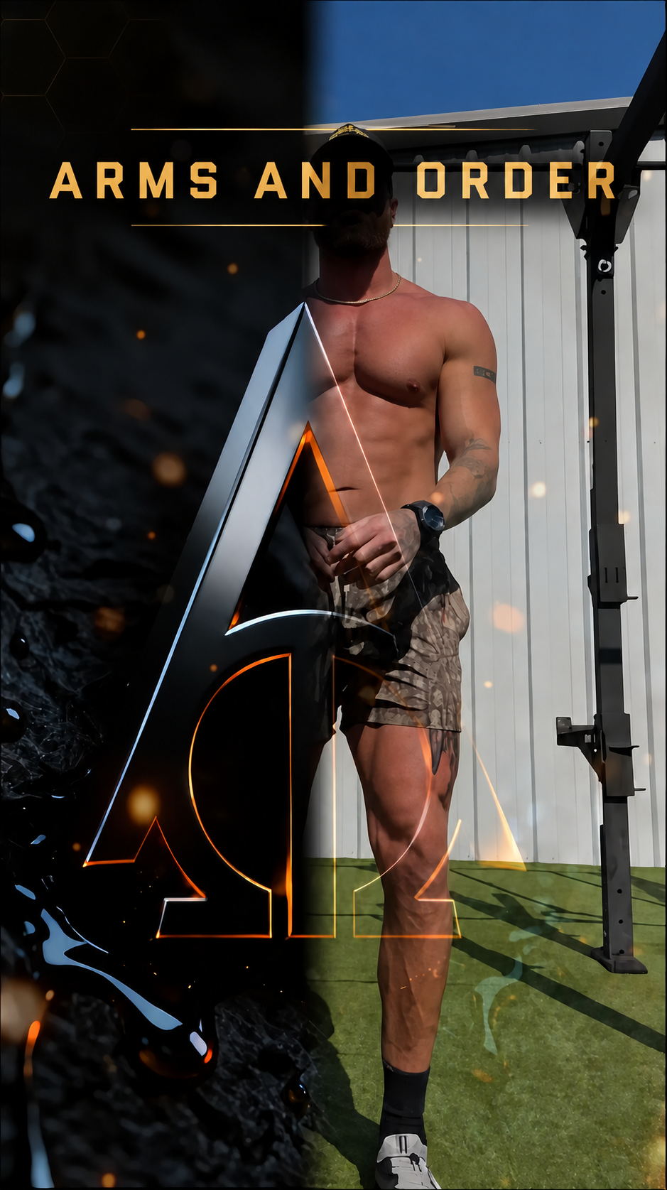 Derek Powell in the gym with Arms and Order branding